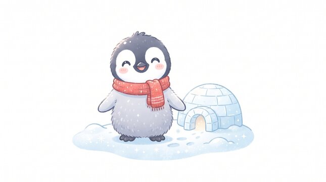 Cute baby penguin wearing a red knitted scarf in the snow next to an igloo illustration