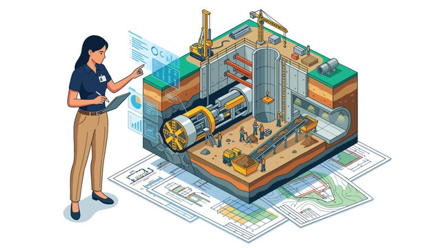 Isometric Female Civil Engineer Managing Underground Tunnel Construction Site with Digital Data Overlay and Infrastructure Planning