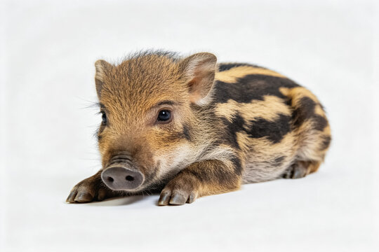 A young striped piglet rests against a plain white background, showing its small snout and hooves in a studio setting.