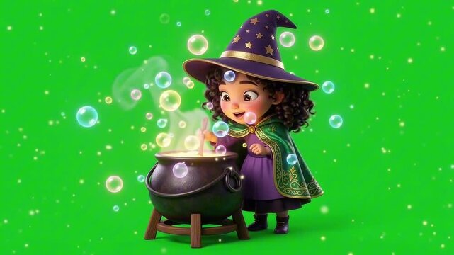 A cute cartoon witch stirring a bubbling cauldron with magical sparks and bubbles floating around her on a green background