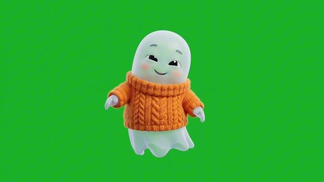 A cute, cartoon-like ghost wearing an orange knitted sweater, with rosy cheeks and a happy expression, floating against a green background