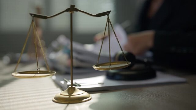 Legal professional preparing case documents behind scales of justice, representing litigation research, evidence review, judicial procedures, case management, legal responsibility, and professional se