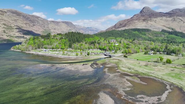 Loch Leven and Holiday Parkfrom a drone, Glencoe, Highland, Scotland, United Kingdom