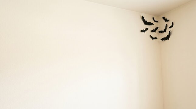 Black paper bat silhouettes decorating a neutral wall corner for halloween, ideal for social media, website background, and marketing presentations