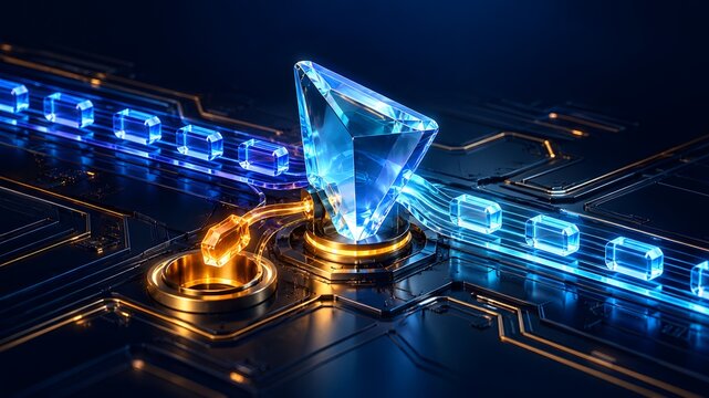 Abstract digital crystal prism glowing with blue light on a futuristic circuit board with orange energy conduits and data streams representing technology and innovation