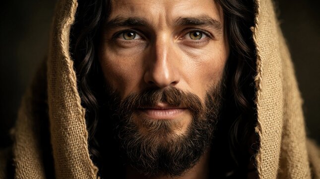 Close up portrait of Jesus Christ with brown eyes, dark beard. Holy savior wears linen hood. Divine messiah looks at camera with compassion, grace. Sacred religious icon for christian faith, worship,