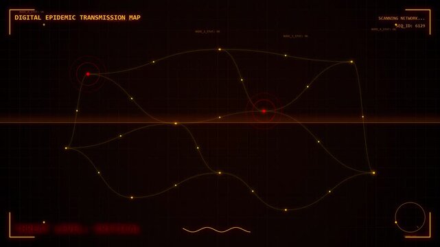 Digital epidemic transmission map showing virus spread nodes and network connections on a dark futuristic interface.