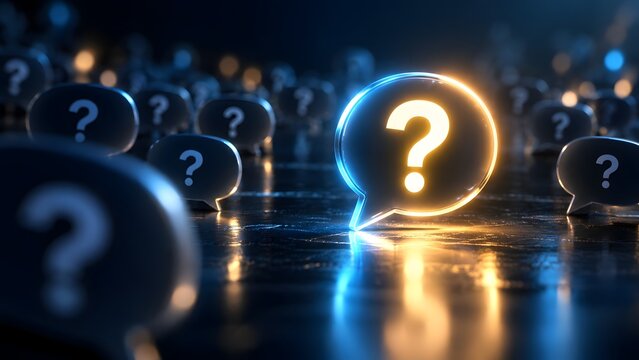 Glowing question mark speech bubble standing out from a crowd of dark question bubbles representing problem solving unique answers and asking for help