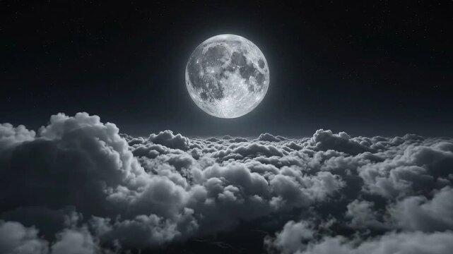 Full moon shining over a sea of fluffy clouds in a starry night sky