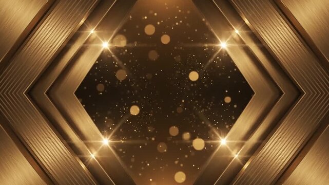 Luxury Golden Geometric Frame with Glowing Bokeh Particles and Shining Light Flares Motion Background