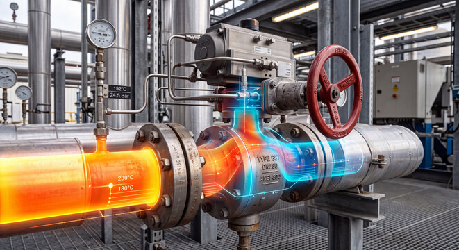 Industrial steel pipeline system equipped with a heavy duty control valve displaying an advanced holographic thermal imaging overlay analyzing internal fluid temperatures