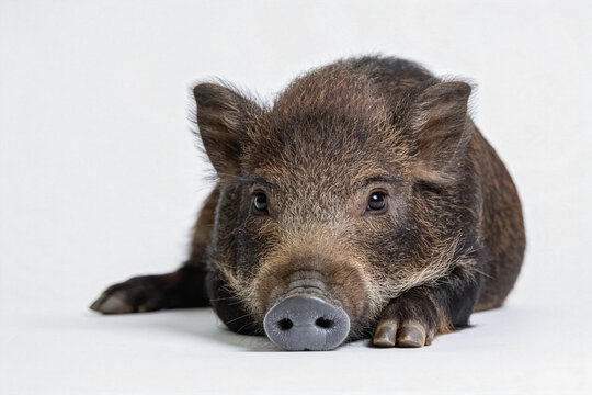 A young dark-furred piglet rests calmly against a plain white studio background, showing its snout and hooves.
