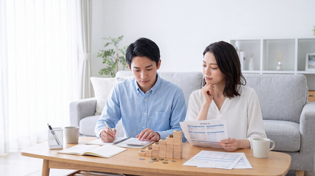 テーブルで家計の計画を立てる若いカップルの真剣な表情と書類管理の様子。落ち着いたリビングで未来の資産を考える