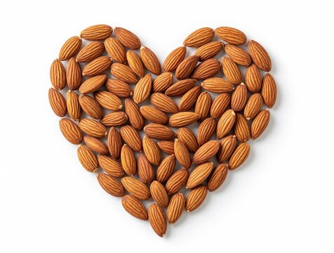 Roasted almonds arranged in heart shape on white background. Healthy brown nuts form romantic symbol for organic food concept. Nutritious vegan snack represents love, wellness. Protein rich