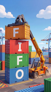 Industrial yellow reach stacker lifting an orange shipping container in a busy logistics port to complete a stack spelling the supply chain inventory management term FIFO