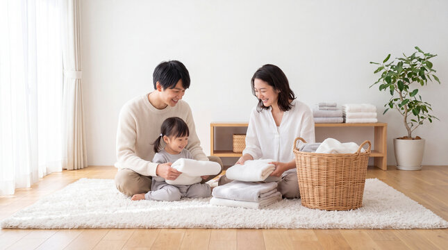 家族で一緒に洗濯物をたたむ幸せな時間の瞬間風景｜室内リビングでの家事シーン女性子供男性家族