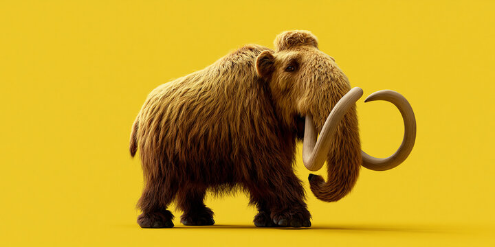 A majestic woolly mammoth walks on a bright yellow background