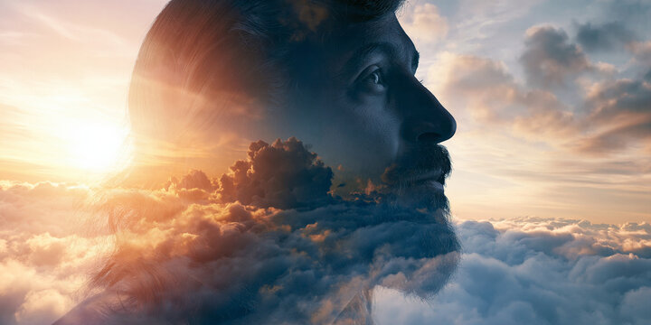 A double exposure portrait of a man's profile overlaid with a breathtaking sunset sky filled with clouds, conveying a sense of contemplation and dreams