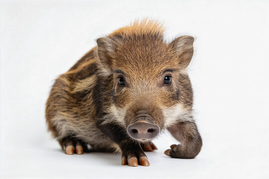 A young wild boar piglet with striped fur is positioned on a plain white studio background, facing the camera directly.
