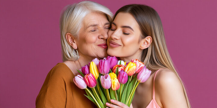 A tender moment between a mother and daughter, celebrating with a vibrant bouquet of tulips. The daughter gently kisses her mother.