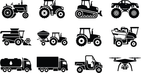 Agricultural Machinery and Heavy Vehicle Icon Set Featuring Black Silhouette Symbols of Farm Tractors, Harvesters, Cargo Trucks, Bulldozer, Monster Truck, and Farming Drone © Ripon