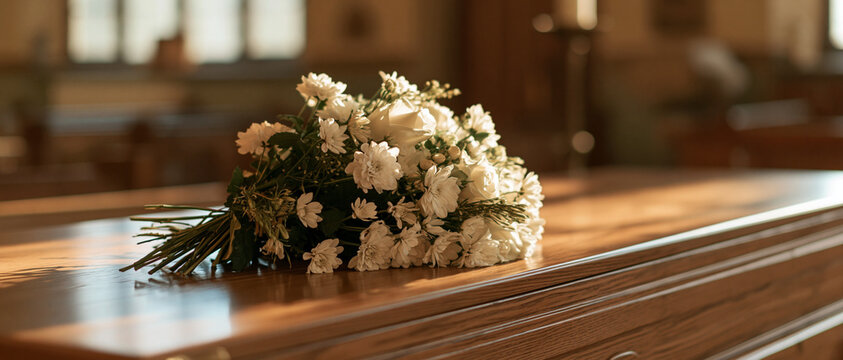 A bouquet of white flowers rests on a polished wooden surface, likely a coffin, in a dimly lit room, evoking a somber and respectful atmosphere