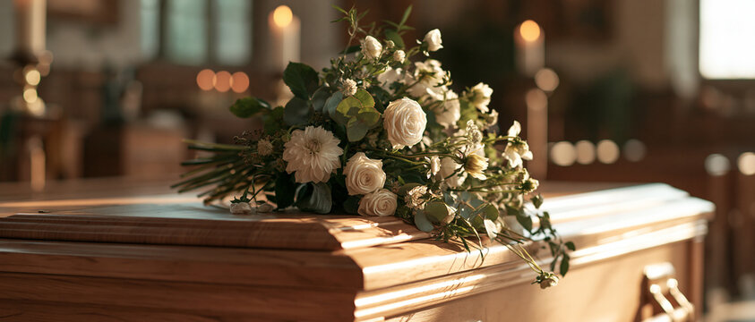 A floral arrangement of white flowers rests on a wooden coffin inside a dimly lit room, possibly a church