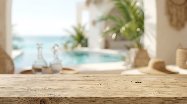 Wooden table top with blurred luxury resort swimming pool background for summer product placement and vacation mockup