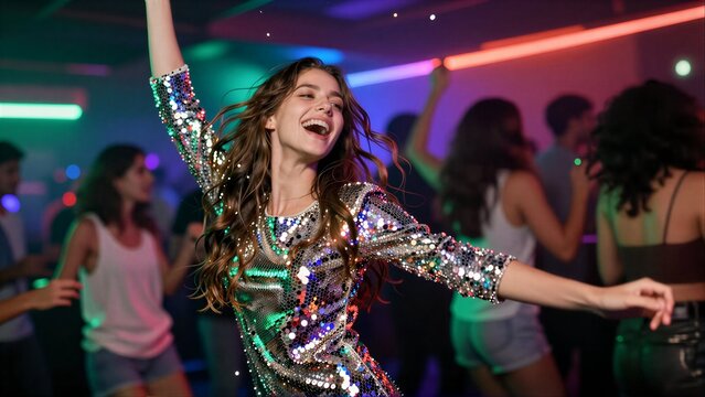 A joyful woman dances in a glittering sequined dress at a vibrant nightclub party.
