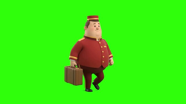 A 3D animated hotel porter in a red bellhop uniform walking while carrying a luggage suitcase on a chroma key green background. Perfect for hospitality promos, hotel service ads, travel agency commerc