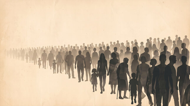 A vast, endless line of diverse individuals, forming a unified human procession stretching into the distant horizon, symbolizing collective journey and shared experience