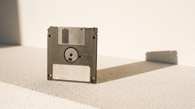 Minimal vintage floppy disk standing against a cream surface with a long geometric shadow, presenting classic computer storage technology in an elegant composition.