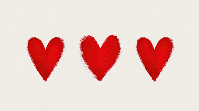 Three hand drawn textured red heart shapes arranged in horizontal row on soft off-white background romantic valentines day love decoration concept