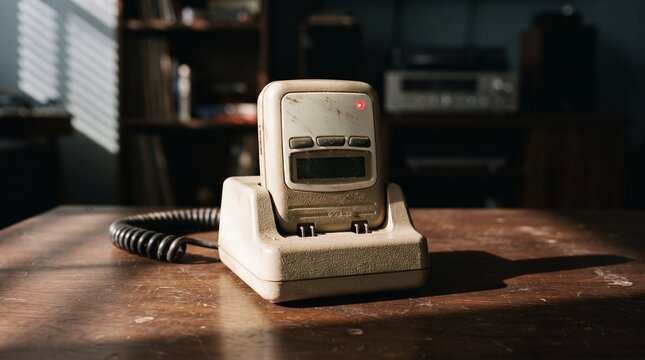 Vintage pager docked on a retro charging station with beige electronics and warm wood, showcasing nostalgic portable communication technology from the 1980s