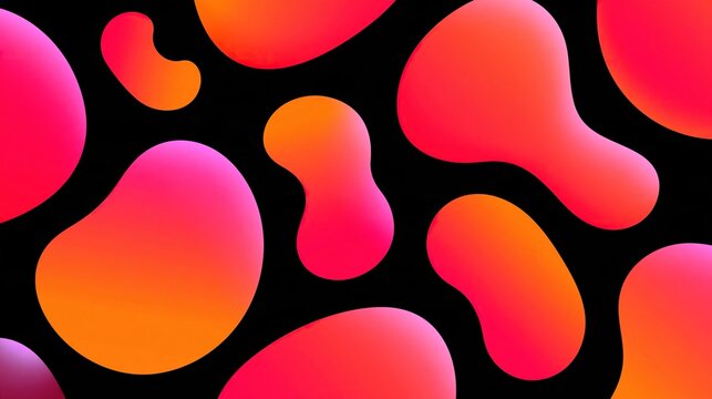 Abstract modern background with flowing overlapping gradient pink and orange organic irregular fluid blobs on solid black background contemporary graphic design