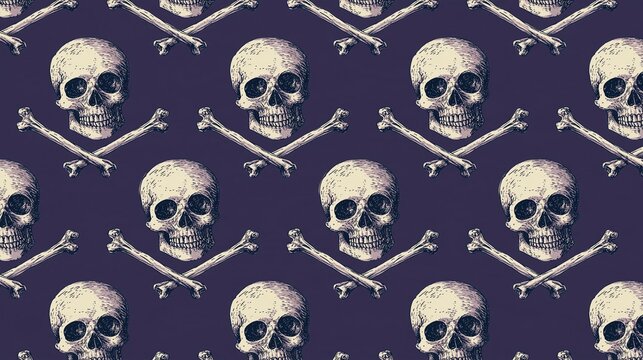 Seamless repeating hand drawn engraved pattern with skull and crossbones on dark purple background vintage pirate danger concept design
