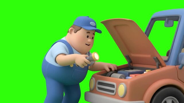 A 3D animated car mechanic shining a flashlight into an open automobile engine hood on a chroma key green background. Great for auto repair shop commercials, vehicle diagnostics, breakdown service cli