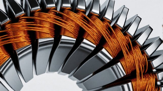 Macro shot of electric motor stator with orange copper wire windings. Metal core parts show precision engineering for EV drive component. Industrial electromagnetic coil used in automotive engine