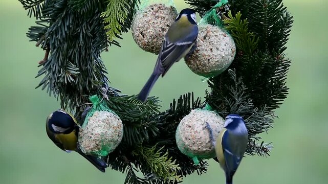 Blue tits (Cyanistes caeruleus) and great tits (Parus major) eat suet balls on a Christmas wreath, Schleswig-Holstein, Germany