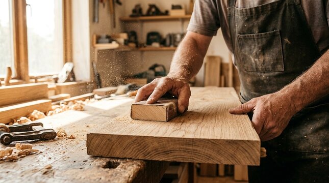 Craftsman hands sanding a wooden plank in a sunlit woodworking workshop