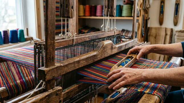 Close-up of a traditional weaving loom with colorful threads being woven