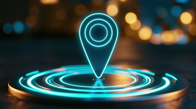 Location pin symbol with neon glowing digital navigation marker on a futuristic map gps point