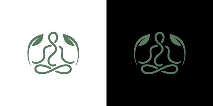 Minimalist yoga meditation logo design with leaf elements in lotus pose, wellness and healthy lifestyle icon templates