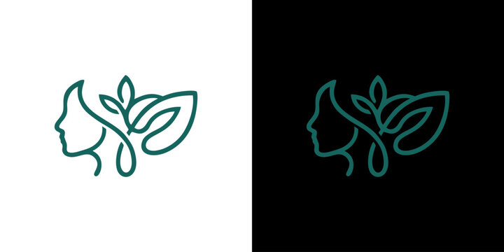 Minimalist woman face and leaf line art logo design for beauty salon, spa, cosmetics, or organic wellness brand