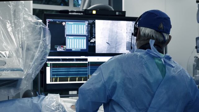 Angiography and hemodynamic patient monitoring during a doctor's work in a hospital cath lab.