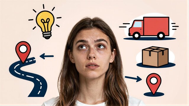 Woman contemplating delivery logistics, from idea to package drop-off.