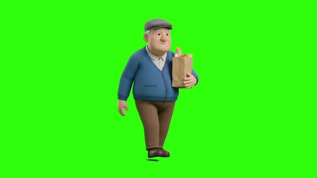 Cute 3D animated senior man wearing a flat cap walking and holding a paper bag with groceries over a chroma key green background. Great for supermarket commercials, food delivery ads, senior living pr