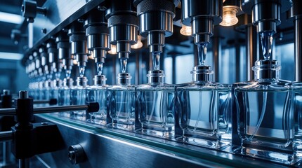 Obraz na płótnie Canvas Automated machinery fills glass perfume bottles on industrial production line. Modern factory equipment processes fragrance liquid into transparent containers. Close up of cosmetic manufacturing