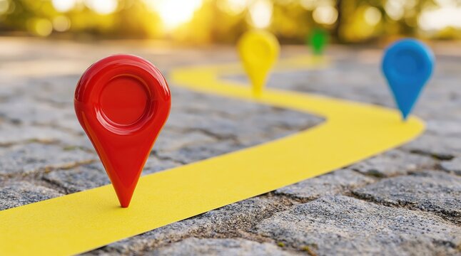 Navigation concept with map pins on a cobblestone path showing a travel location and route plan