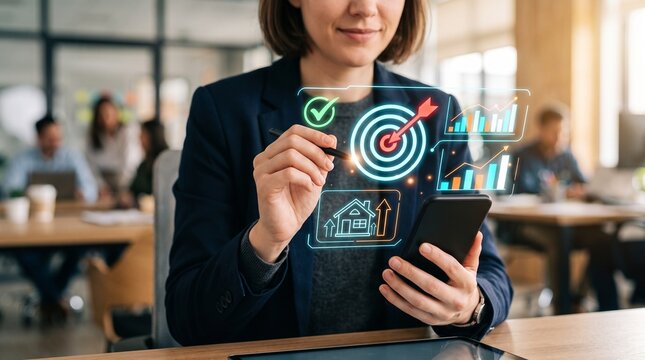 Real estate investor analyzes property investment growth, housing market trends, financial performance, investment strategy, market opportunity, and profitable returns to achieve financial goals.
